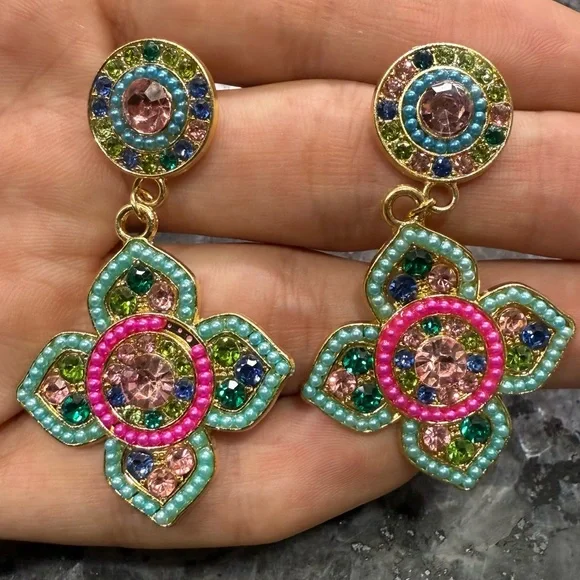 2/$25 or 3/$35 NWOT Fully rhinestoned colorful floral drop earrings - Picture 4 of 8